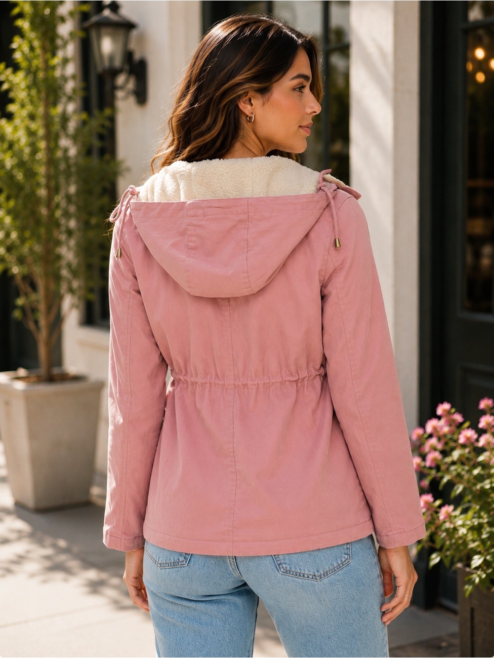 Poppy Dusty Rose Sherpa Lined Hooded Utility Jacket - Picture 2 of 5